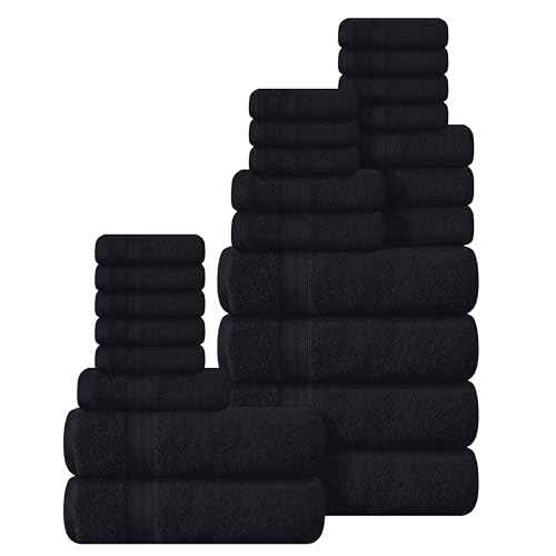 BOUTIQUO 24 Pack Cotton Towel Set, Contains 6 Bath Towels 27x54 inch, 6 Hand Towels 16x24 inch & 12 Wash Coths 12x12 inch, Ideal Everyday use, Ultra Soft Compact & Lightweight - Black