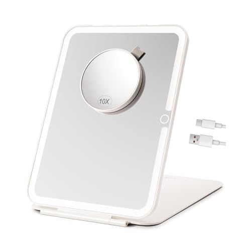 7x9.5 Inches Lighted Travel Mirror with 10X Magnifying Round Mirror, Rechargeable Battery, USB-C Charging, 78 LEDs, Tabletop Mount