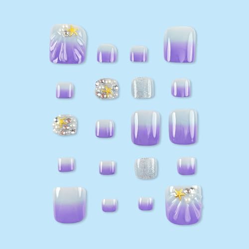 24 Pcs Purple Press on Toenails Short Square - MINGCHUN Summer Ombre Fake Toe Nails Art Tips With Starfish Pearl 3D Rhinestones Full Cover False Nails Glue on Nails for Women Manicure Decorations