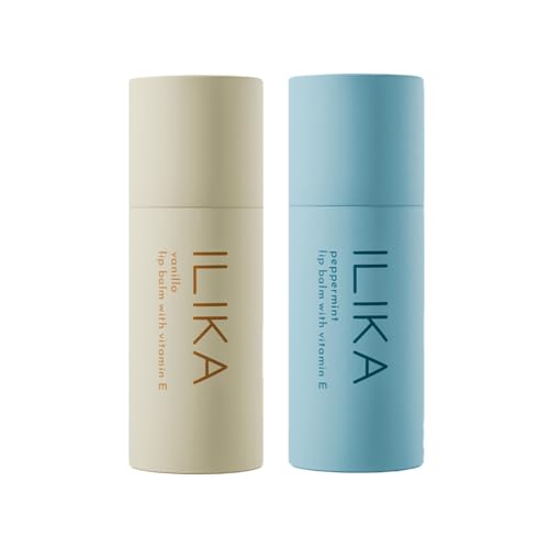 ILIKA 100% Natural Lip Balm - 2X Volume, Organic, Plastic-free, Vegan, COSMOS Certified Organic, PETA Certified, Plant-Based, Biodegradable tube, 2 Pack, Vanilla & Peppermint - 0.3 oz each