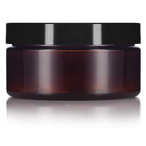 8 oz Amber PET Plastic Refillable Low Profile Jar Black Smooth Lid (12 pack)