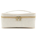 SoYoung Beauty Poche - Cosmetic Bag & Makeup Organizer for Travel, Three-Tiered, Linen/Cotton Exterior, Removable Tray, Machine Washable - Sand & Stone Beach Stripe