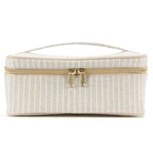 SoYoung Beauty Poche - Cosmetic Bag & Makeup Organizer for Travel, Three-Tiered, Linen/Cotton Exterior, Removable Tray, Machine Washable - Sand & Stone Beach Stripe