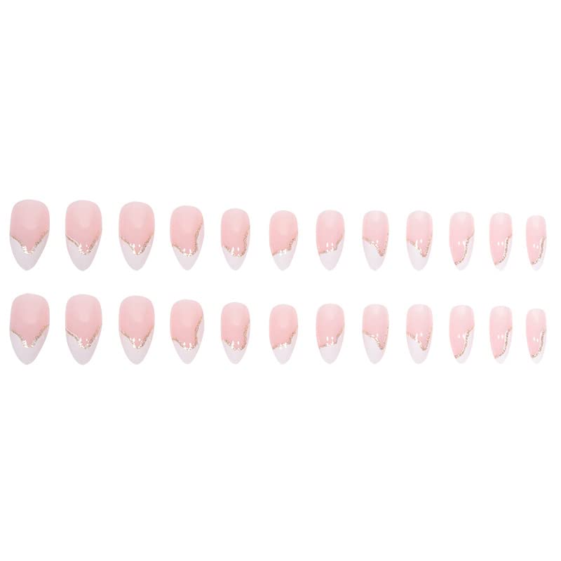 DOUBNINE Press On Nails Almond Medium Nude Pink White French Tip Glitter Acrylic False Nails with Glue Glossy Ballerina Natural Look Full Cover Stick On Nails for Daily Wear Women