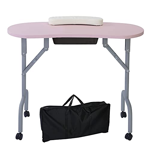 Pink Foldable Manicure Table with Drawer & Client Wrist Cushion - Portable Nail Tech Desk 36-inch