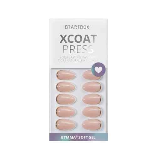 BTArtbox Press On Nails Almond - Short Gold Foil Press On Nails with Glue for Women, Semi-Transparent Soft Gel Glue On Nails in 16 Sizes - 32 Stick On Nails Kit, Gold End