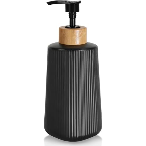 Glass Soap Dispenser, 12oz Modern Farmhouse Style with Bamboo Pump