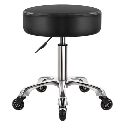 Heavy Duty Rolling Stool with Wheels Hydraulic Swivel Adjustable Rolling Chair Ergonomic Thick Leather Seat Stool Chair for Kitchen Drafting Lab Office Salon Message Stool ? Black