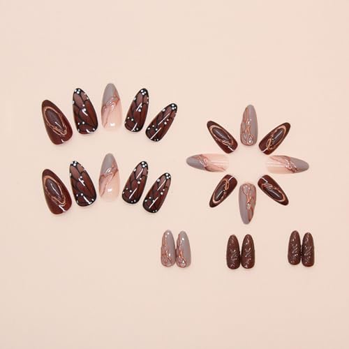 Medium Almond Press-On Nails with 3D Butterfly Design - 24 Pcs