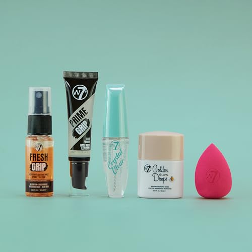 W7 On the Go Essentials Gift Set - Mini Makeup Must-Haves with Primer, Setting Spray, Mascara, Golden Glow Bronzing Drops & Beauty Sponge - Travel or Handbag Size Essentials