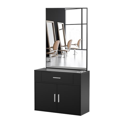 OmySalon Wall Mount Salon Station with Mirror & Storage