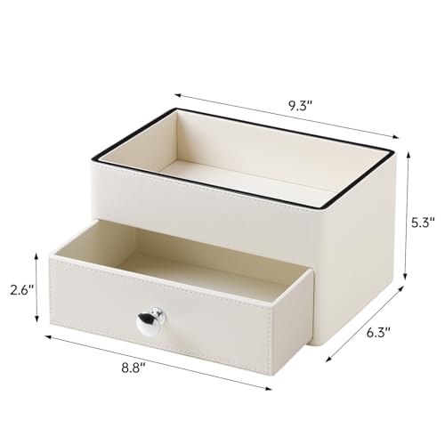 PU Leather Makeup Organizer with Drawer, Waterproof Cosmetic Storage Box, Multifunctional Nightstand Vanity Organizer for Skincare, Perfume, Jewelry, Bathroom Countertop (Beige)