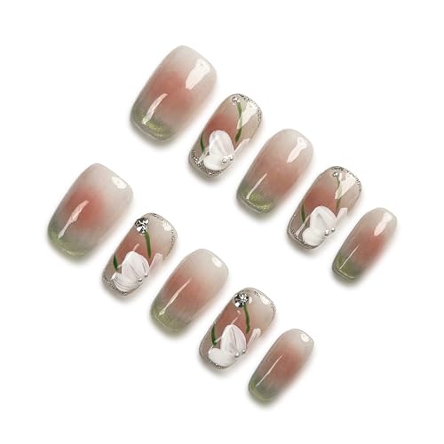 Yabonica Handmade French Cat Eye Press On Nail Tips,Pink Press On Nail Square,Fake Nail 10 Pcs,Charm Glue On Nail Magnetic Painted Flower Design with Storage Box (005, L)