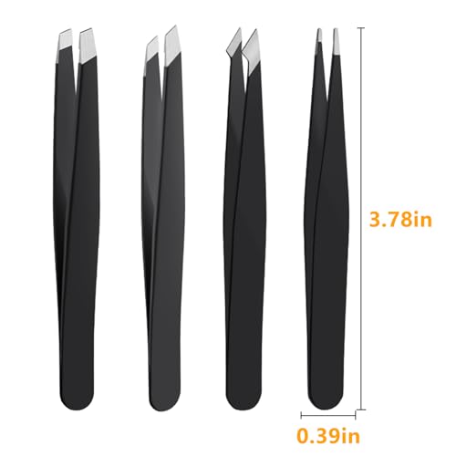 Black 4-Piece Stainless Steel Tweezers Set - Precise Eyebrow and Craft Tweezers