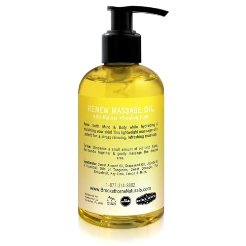 Renew Massage Oil with Orange, Lemon & Peppermint Essential Oils - Great for Massage Therapy or Home use. Ideal for Full Body ? with Almond, Grapeseed & Jojoba ? by Brookethorne Naturals