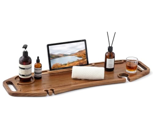 35 Inch Acacia Wood Bathtub Tray with Wine Holder