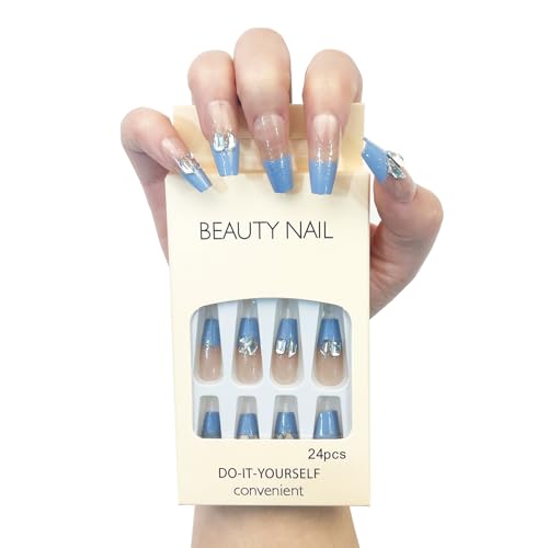 Mowyem 24 PCS Press On Nails Medium Fake Nails Press Ons Square Nails Blue False Nails Glossy Stick On Nails for Women Girls Manicure Decoration Accessories (Blue Sea)