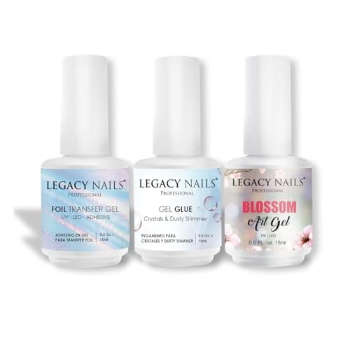 Legacy Nails Professional - Gel Glue & Foil Transfer Gel & Blossom Art Gel - The 3 Star Products for Your Designs.