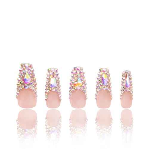 LOVFUL Press on Nails Angel's Tear Rhinestone | Handmade with Full Covered Crystals | Reusable Full Cover Nails | Coffin Classic Regular 1.3 in | H48-M