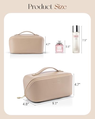 VLANDO Toffee Travel Makeup Bag with 180° Opening, Women Toiletry Case