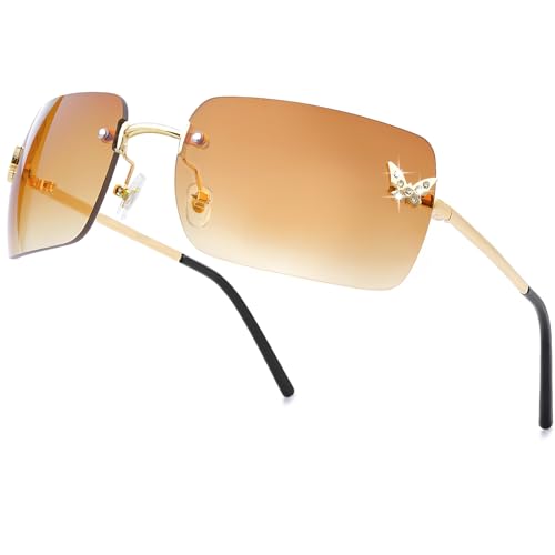 Unisex Rimless Y2K Rectangle Sunglasses with Clear Tinted Lenses - Fashion Shades for Women & Men