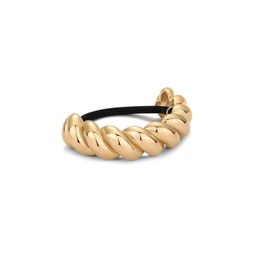 PAVOI 14K Yellow Gold Plated Waterproof Chunky Croissant Metal Hair Cuff for Women - Stainless Steel Statement Ponytail Cuff - 20mm Twisted Stretchy Gold Hair Ties for Ponytails Fashion Accessories