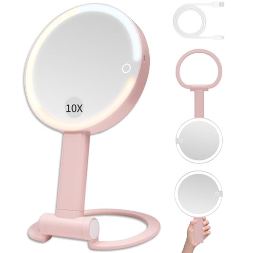 SANYCASA Rechargeable Makeup Mirror with Lights - 360° Rotation, 3 Color Modes, 1X/10X Magnification, Portable Vanity Mirror