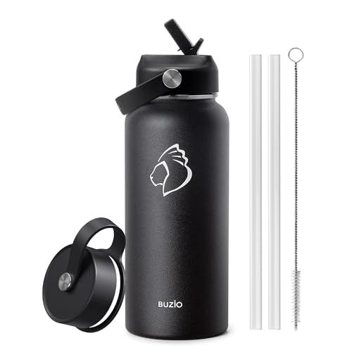 BUZIO Stainless Steel Water Bottle (Cold for 48 Hrs, Hot for 24 Hrs), 32 oz Vacuum Insulated Water Bottle with Straw Lid and Flex Cap (Double Wall, Wide Mouth, BPA Free, Leak Proof), Black