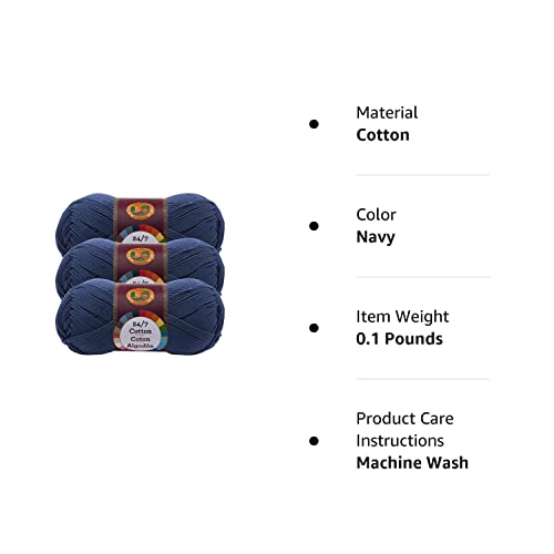 Lion Brand 24/7 Cotton Yarn, Lightweight Yarn for Knitting, Crocheting, and Crafts, Navy, 3 Pack