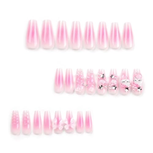 Nail Apparel Y2K Long Coffin Cute Kawaii Press on Nails 3D Glitter Rhinestone Heart Pearl Bow Long Ballet Trapezoid Fake Nails 24Pcs (Extra Long Point Cherry Red White French Pink Heart 3D Bow Pearl)