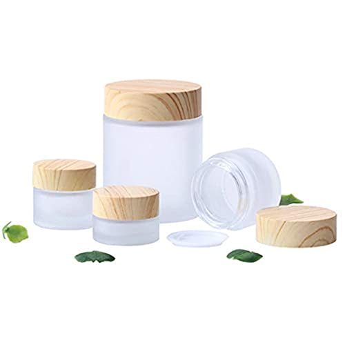 4 Packs 3.3 Oz Empty Glass Jars 100ml Round Frosted Glass Cosmetic Cream Jar Bottles with Wood Grain Lid Refillable Container Lotion Cream Box Jar Pot DIY Makeup Lip Balm Eyeshadow