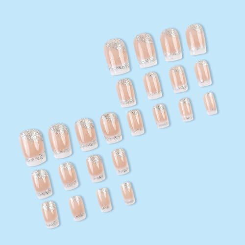 24 Pcs White French Tip Press on Nails Medium Square Fake Nails with Glue Glitter Full Cover False Nails with Silver Sequin Design Acrylic Nails Press ons Coffin Nail Tips Glue on Nails for Women