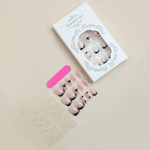 RTKHFZE Valentines Press on Nails Square,Medium Fake Nails French Tip Glue on Nails with Swirl and Heart/Love Designs False Nails 24Pcs Nude Pink Glossy Acrylic Nails for Women Girls