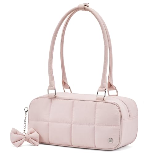 WESTBRONCO Puffer Shoulder Bag for Women Quilted Handbags, Puffy Cosmetic Makeup Bag Organizer with Cute Ornament