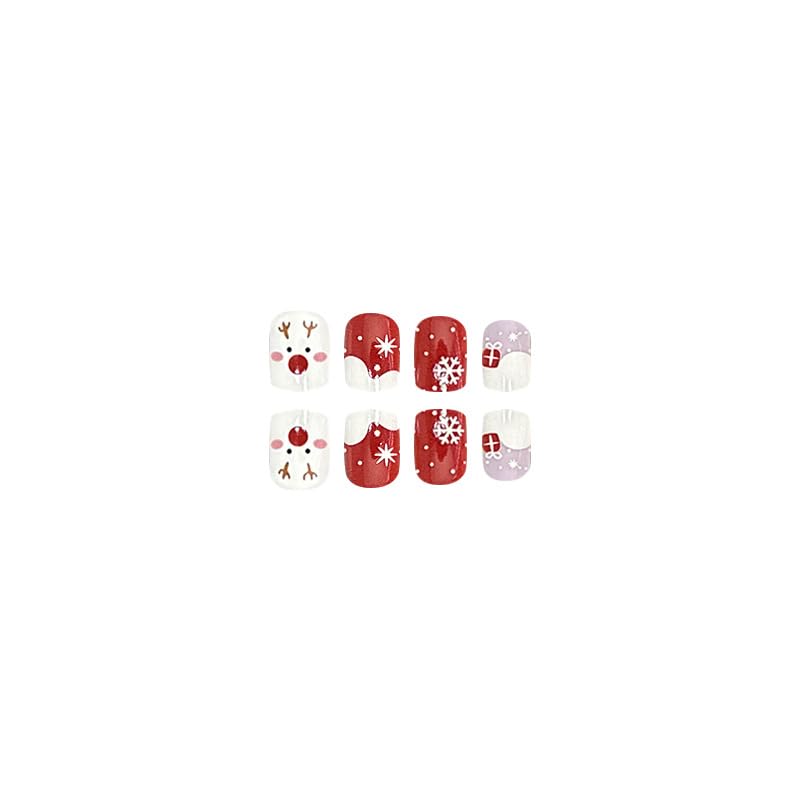 24PCS Christmas Nails Press on Short Red White French Tip Square Fake Nails with Snow White Elk Snowflake Design False Nails Full Cover Winter Xmas Stick on Nails for Women Girls Nail Art Decoration