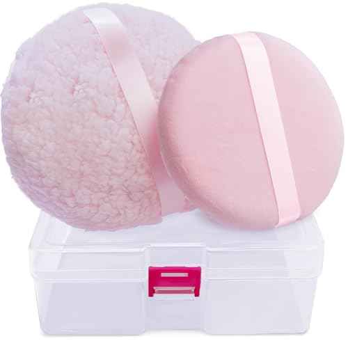 2pcs Powder Puffs, 6'' Body Powder Puff and 5'' Dusting Powder Puff and Container, Extra Large, Fluffy Soft, Washable, Reusable