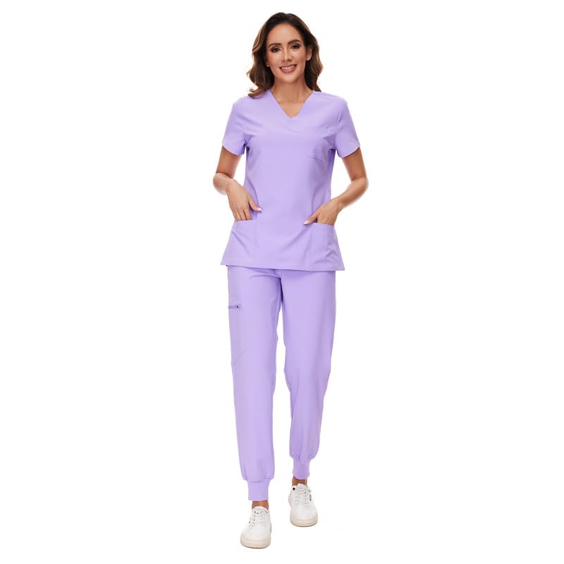 COZYFIT Scrubs for Women Set - Stretch V-Neck Scrub Top & Jogger Pant with 8 Pockets, Yoga Waistband, Anti Wrinkle, Slim Fit Women Scrubs