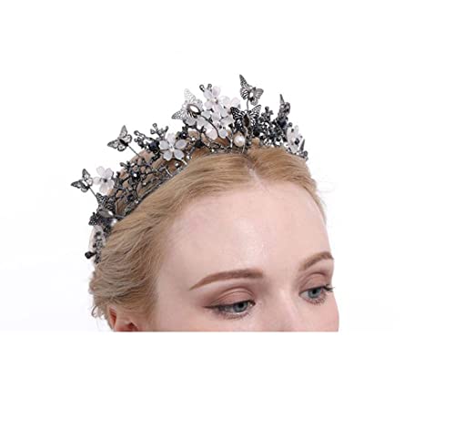 Yunyuebridal Bridal Crown Baroque Pearl Rhinestone Crown And Tiara Butterfly Hairband Wedding Hair Accessories Princess Crown Bride Tiaras (BLACK)