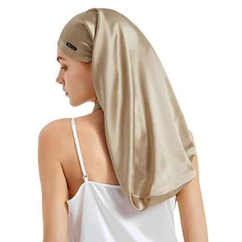 LILYSILK Mulberry Silk Sleep Cap 100% 19 Momme Long Silk Bonnet for Curly Hair, Night Cap for Sleeping, Silk Hair Wrap for Women Coffee