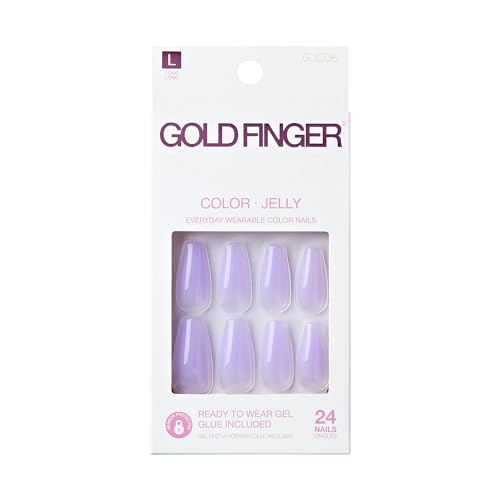 GoldFinger False Nails Kit, Jelly Color Ready to Wear Lavender Fake Nails, Manicure Stick and Glue Included, Long Length, Coffin Shape, Long-Lasting Hottest Trend Glue on Nails