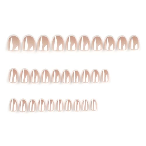 Stbisen 54-French Veil Short Oval Chrome Press On Nails 30PCS, Reusable Nude & White French Manicure