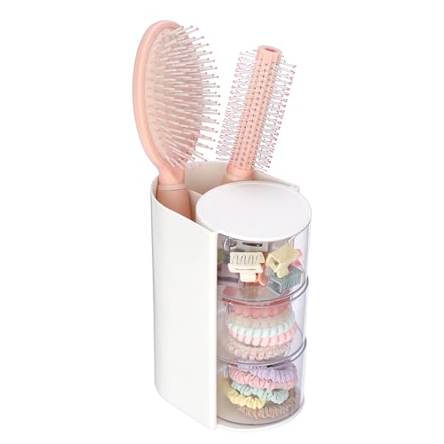 Rotating Hair Accessories Organizer with Comb Holder Plastic Hair Clips Storage Container Cosmetic Storage Box for Makeup Sponge Brush, 3-Layer White