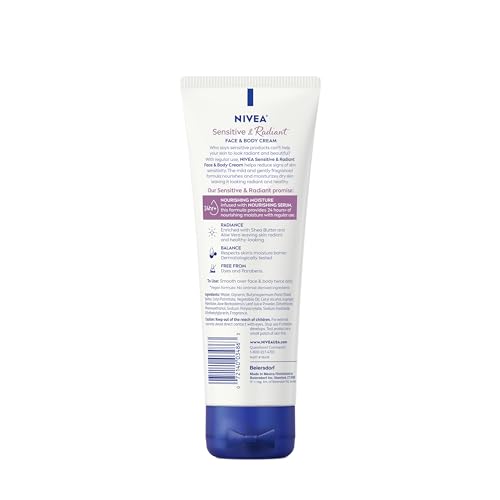 NIVEA Sensitive and Radiant Face and Body Cream for Dry, Sensitive Skin, Vegan Body and Face Moisturizer with Shea Butter and Aloe Vera, 6.8 Oz Tube