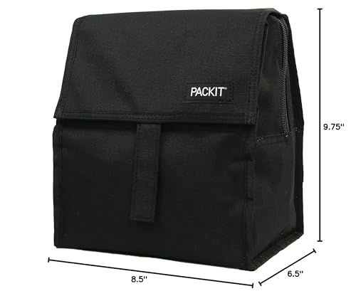 PackIt Freezable Lunch Bag, Black, Built with EcoFreeze Technology, Foldable, Reusable, Zip and Velcro Closure with Buckle Handle, Perfect for School and Office Lunches