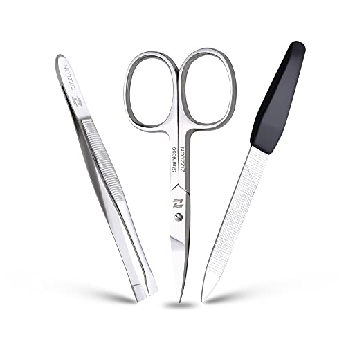 ZIZZLON Manicure Set - Cuticle Scissors, Nail and Eyebrow Scissors, Nail Clippers, Cuticle Pusher, Nail File, Eyebrow Tweezers - Professional Mens Grooming Kit (3 in 1)