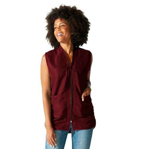 Betty Dain Professional Zip Front Salon Stylist Vest, V-Neck, Iridescent Fabric, Adjustable Belt, Two Lower Pockets with Zippered Bottoms, Lightweight, Machine Washable Nylon, Burgundy, 2XL