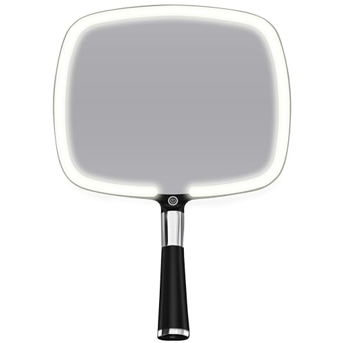 MIRRORVANA LED Travel Makeup Mirror - 9x13 Inch Handheld with Bright Lighting, Rechargeable, Adjustable Stand, Black