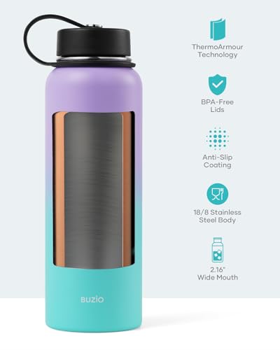 BUZIO 40oz Insulated Water Bottle, Stainless Steel Double Wall Water Flask (Cold for 48 Hrs) Leak Proof Sports Bottles Jug with Straw Lid Flex Cap Metal Canteen for Gym Travel Camping,Purple Green