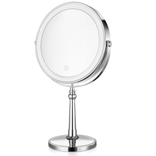 Lighted Makeup Mirror, 9" Rechargeable Vanity Mirror with Lights, Double-Sided 1X/10X Magnification, 3 Color Lights, Brightness Adjustable, 360¡Æ Rotation