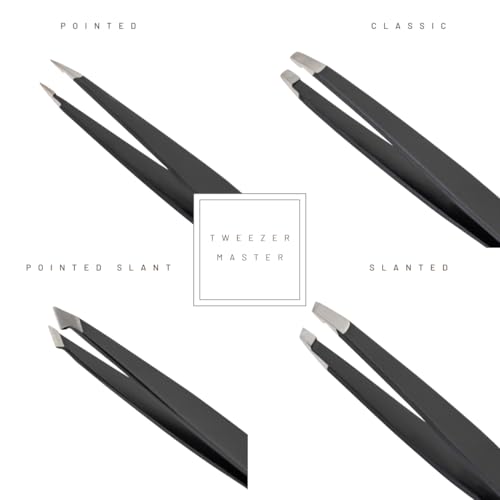? Professional Tweezer Set [Black] ? Stainless Steel Slant & Pointed Tips for Eyebrow & Facial Hair Removal ? Rust-Resistant Grooming Tool with Travel Case